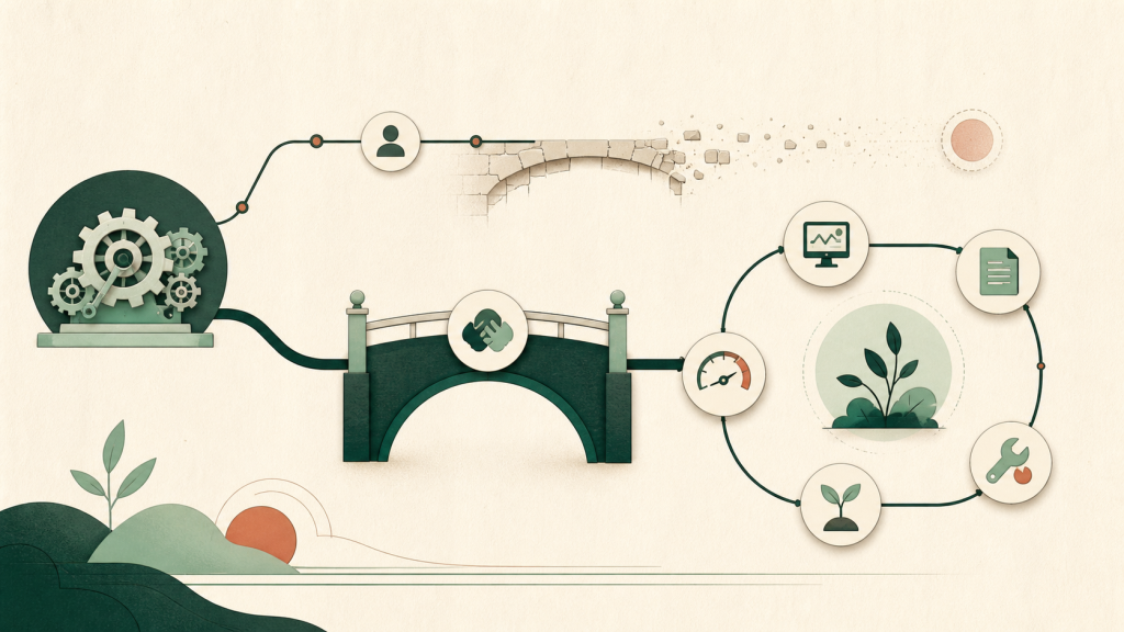An automation handover bridge leads into ownership, monitoring, documentation, maintenance and improvement loops