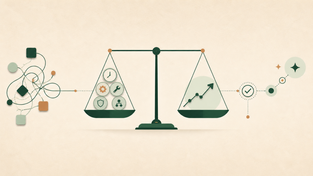 A balanced decision system compares automation time, implementation effort, risk and business value