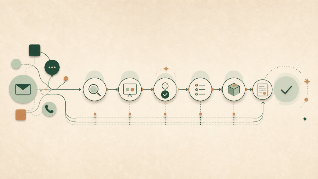 A connected business process carries shared data from customer enquiry through delivery and invoice