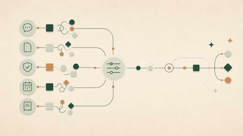 Five familiar office workstreams connect through a lightweight automation layer without replacing major systems