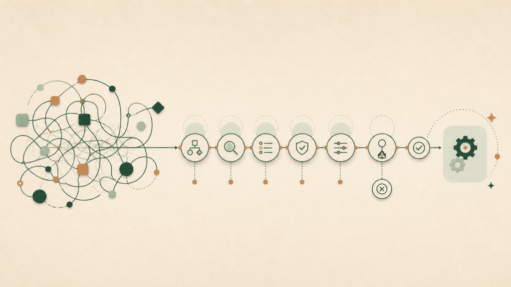 A tangled business process resolves into a clear mapped sequence before automation is introduced